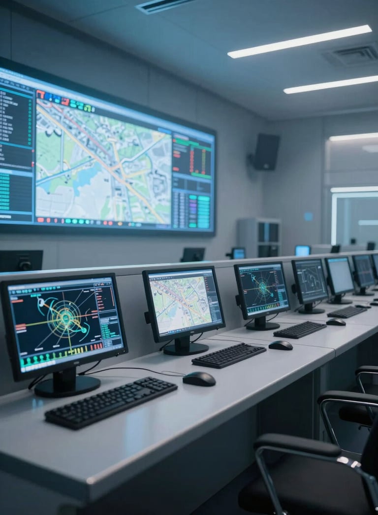 A high-tech control room interior with multiple glowing screens displaying digital maps and tracking data, illuminated by steel blue and mist white ambient lighting, professional and sophisticated atmosphere.