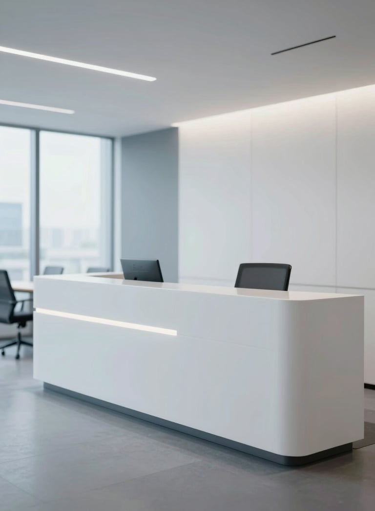 A wide shot of a modern, clean, and professional corporate office reception or meeting room, emphasizing efficiency and transparency, soft natural lighting, incorporating #1F2A38 and #EBF2F7.