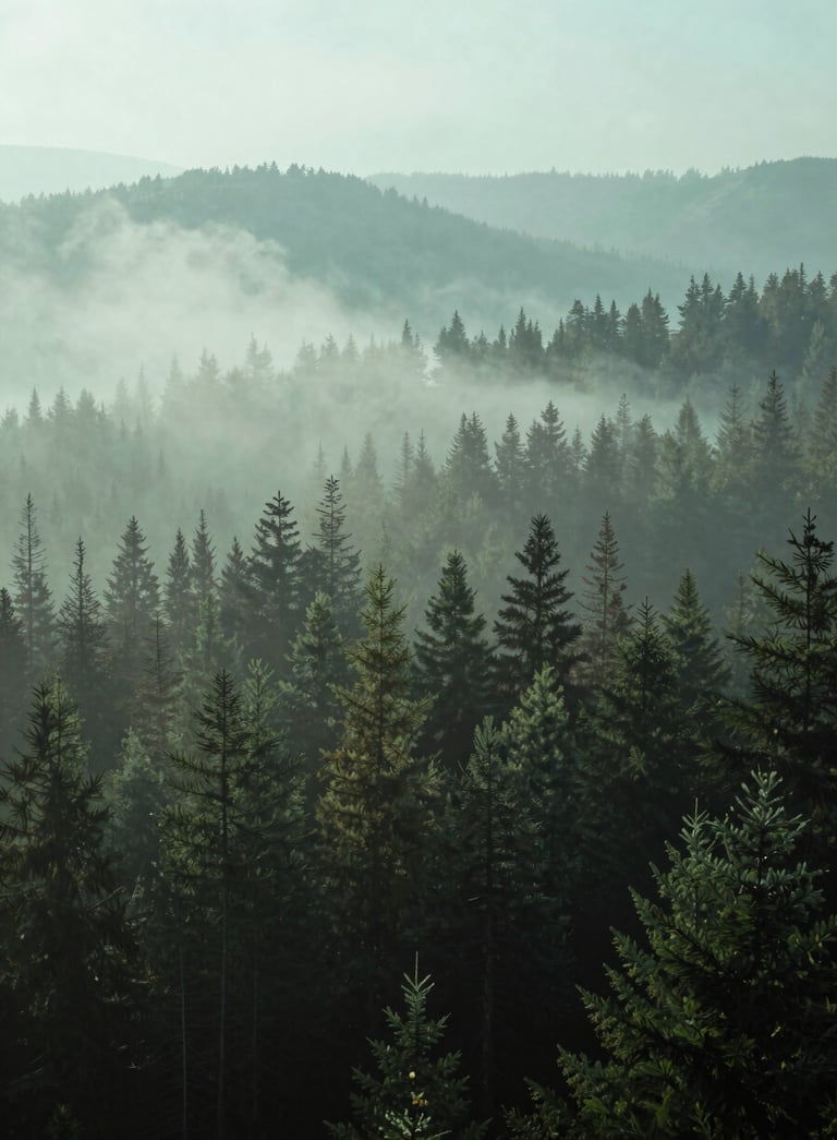 A serene North American forest landscape during a misty morning, soft pale mint and dark teal hues in the distance, high-quality photography capturing a calm and empowering atmosphere.