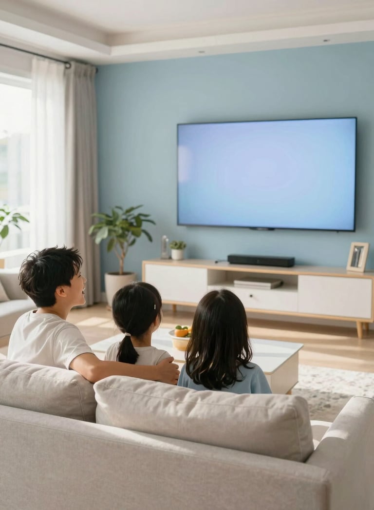 A happy family laughing together while watching a large screen in a modern North American / US living room. The room is decorated in soft sky blue and warm pearl white tones. Sunlight streams through a window, creating a bright, inviting atmosphere.