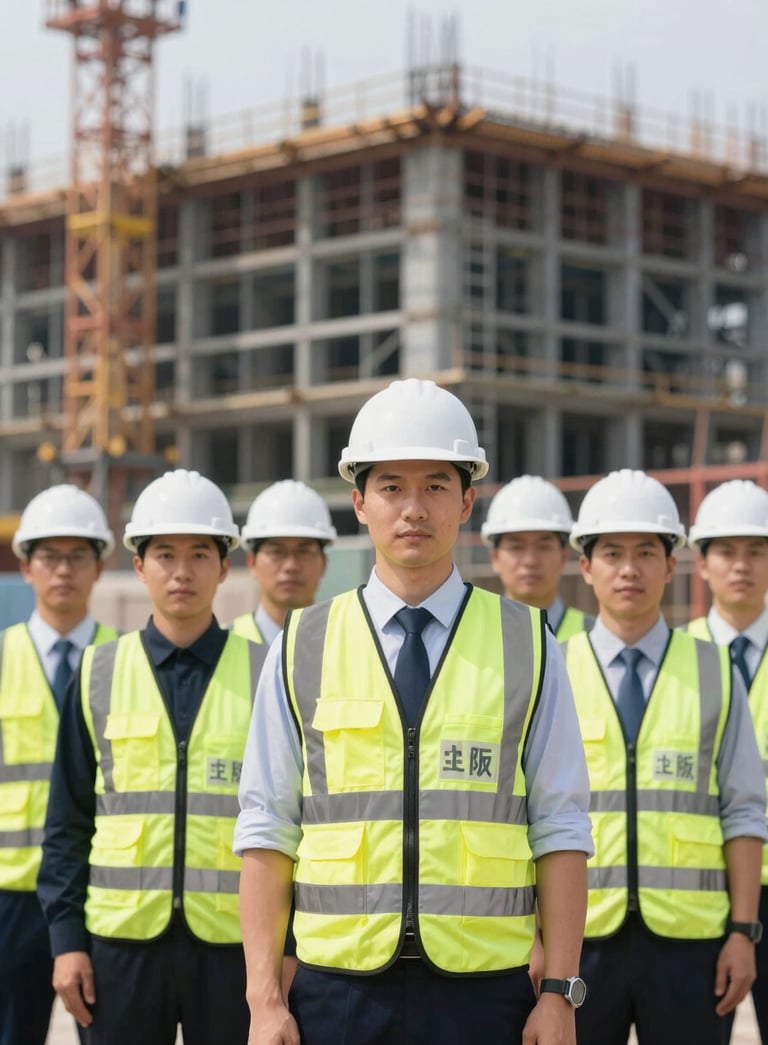 A professional group of health and safety officers wearing high-visibility vests and white hard hats standing confidently in front of a modern steel construction site. Clean, corporate, daylight lighting with a professional and reliable mood.