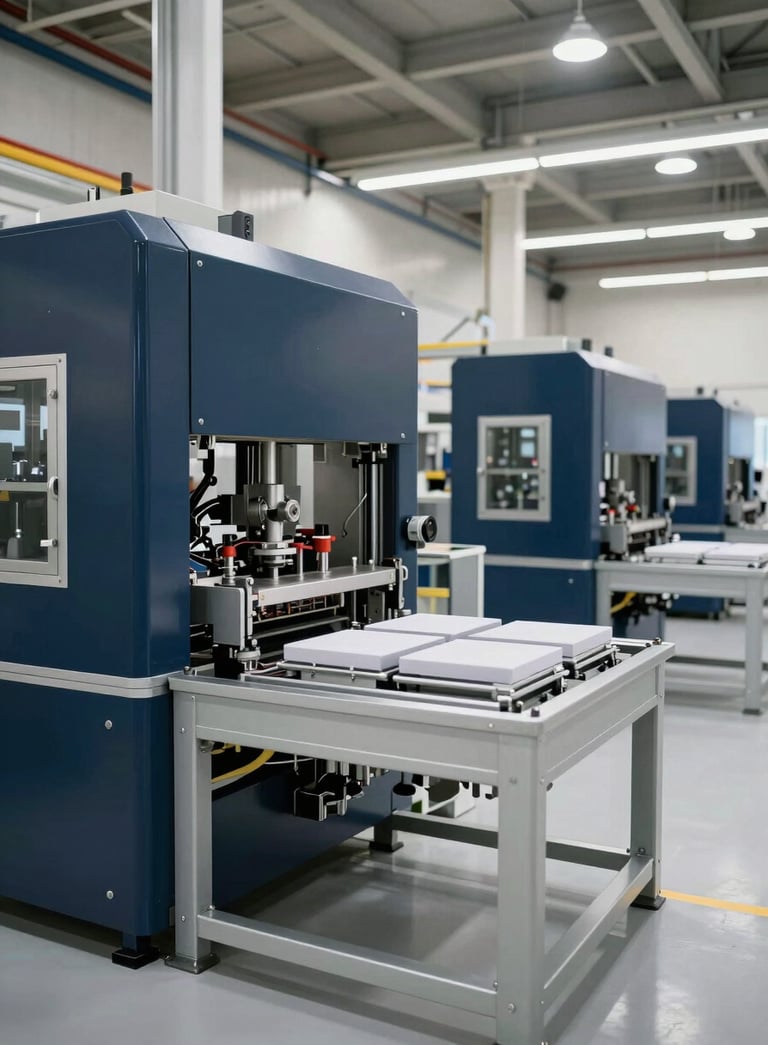 A high-end, wide-angle photograph of a modern industrial packing facility in Dubai. The scene is brightly lit with natural light, featuring machinery with dark navy blue accents and pale silver grey metal finishes. The environment is clean and sophisticated.