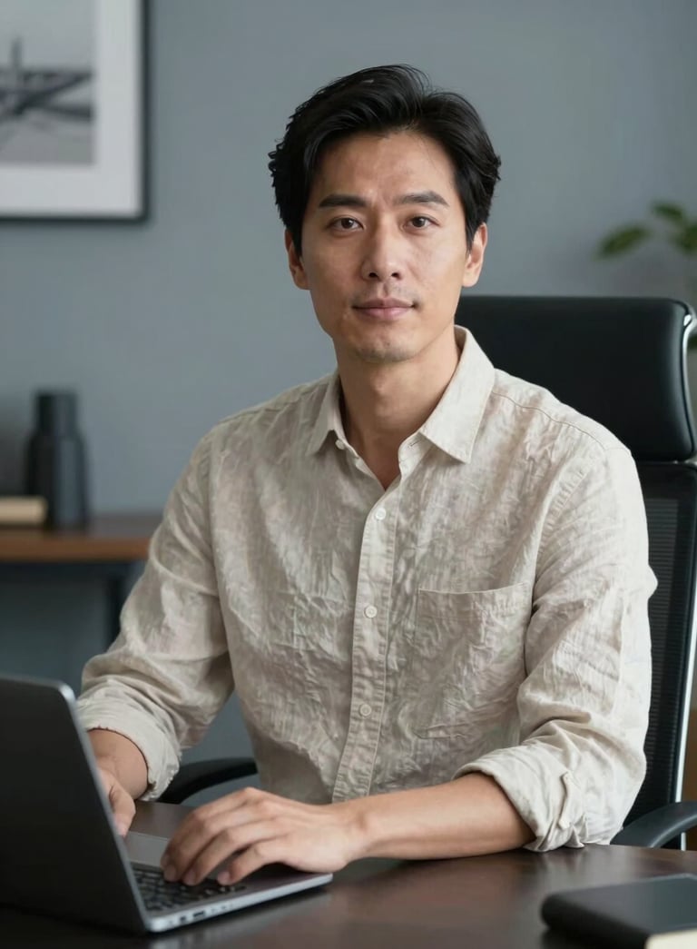 A professional lifestyle portrait of a person in a soft ivory linen shirt, sitting at a desk with deep charcoal accents. The background is a clean, modern home office with soft blue-grey walls.