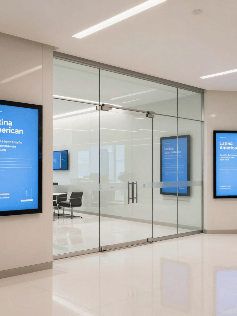 A bright and airy corporate lobby in a Latin American / Spanish business center, featuring digital signage and smart glass walls, clean minimalist composition, off-white and sky blue accents.