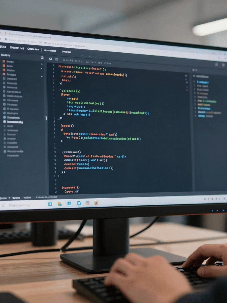 A close-up photograph of a professional web developer working on a large high-resolution monitor in a contemporary North American workspace. The screen displays organized lines of clean code. The lighting is crisp and modern, featuring deep navy and soft gray tones.