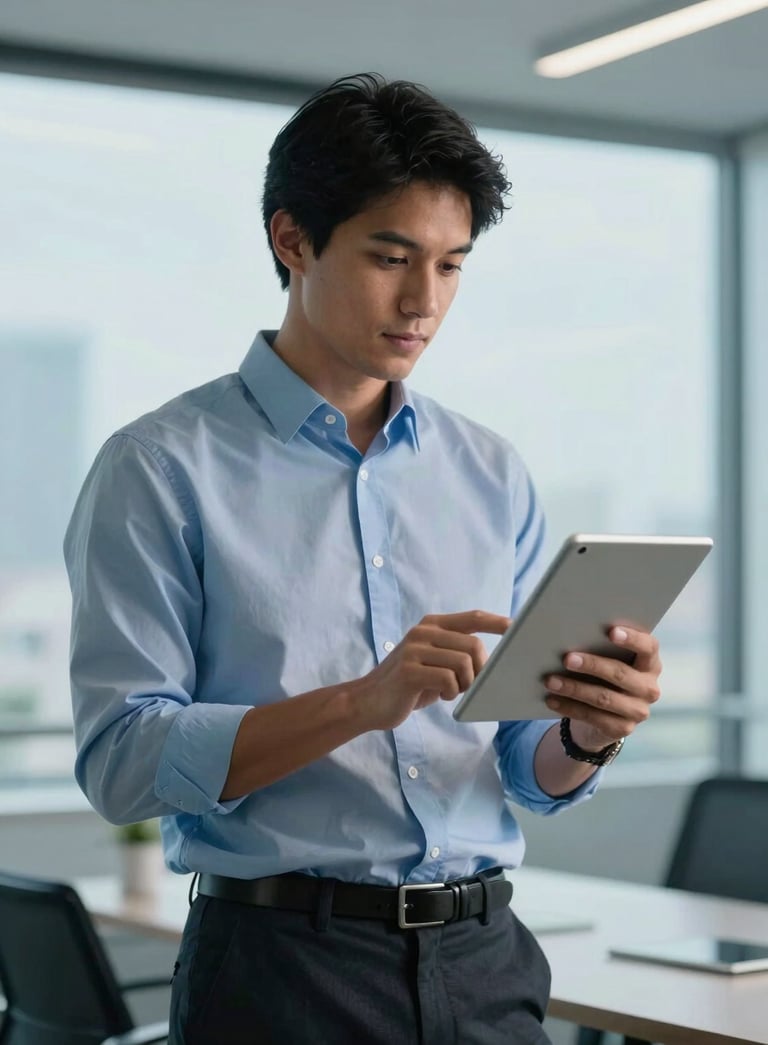 A professional South American / Brazilian businessman in a modern office looking at a tablet, soft sky blue and pale ice blue lighting, clean and efficient atmosphere.