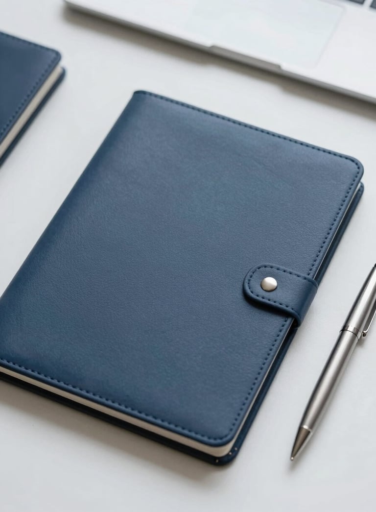 A clean, high-angle shot of a desk with a professional leather folder and a silver pen, emphasizing administrative precision and trust, with a color palette of #0A192F and #8CA0B8.