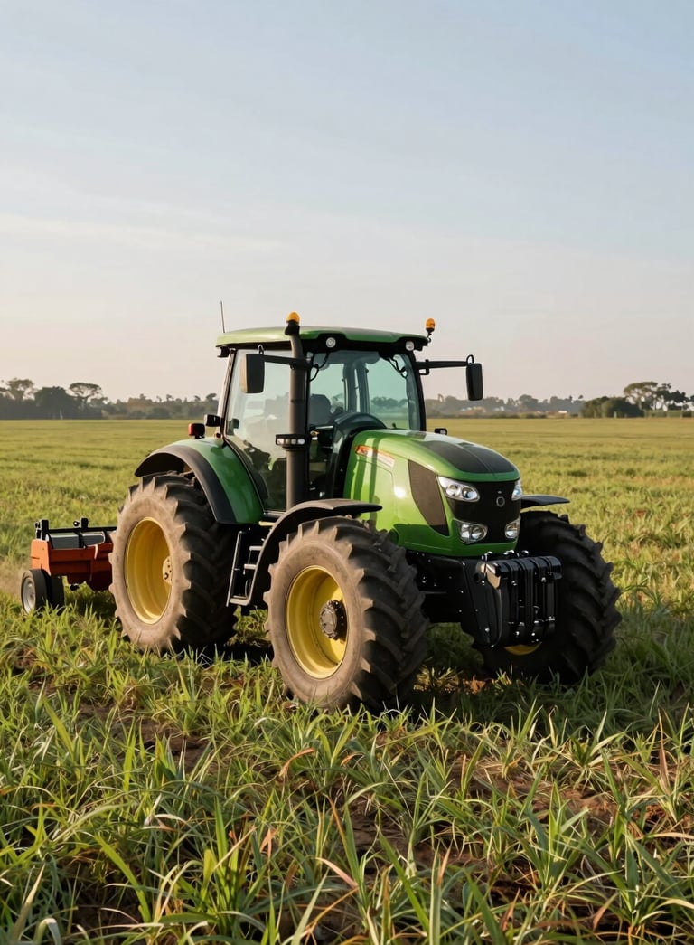 A high-tech green tractor operating in a vast fertile field in the South American Brazilian countryside during a clear morning, professional photography, natural sunlight, olive green and light green tones, modern agriculture equipment in action.