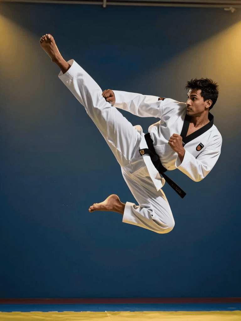 Dynamic action shot of a professional South Asian male Taekwondo master in a mid-air jump kick. He is wearing a white uniform with a black belt, set against a premium dark blue gym background with dramatic yellow spotlighting. The atmosphere is energetic and professional.