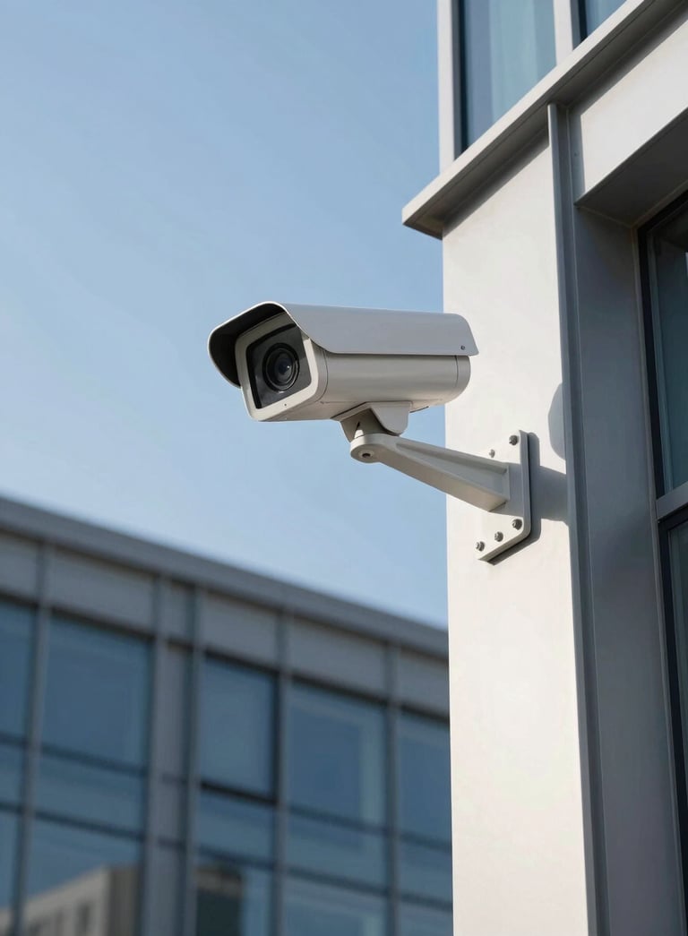 A professional architectural shot of a sleek, white security camera mounted on the corner of a modern steel and glass building in the Spanish / Iberian Peninsula. Clear blue sky in the background, sharp focus, morning light.