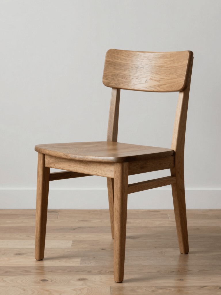 Set of wooden chairs with comfortable cushions arranged around a dining table