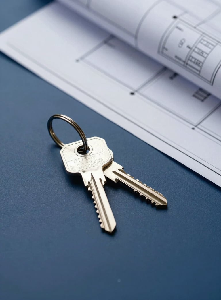 A clean, minimalist composition featuring a set of keys with a silver keychain next to a professional blueprint, shot from above on a dark blue #1A2C3D surface with sharp focus and professional studio lighting.