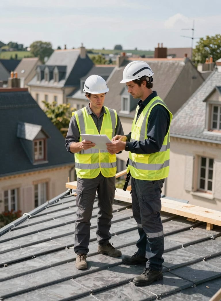 A professional construction expert in safety gear inspecting a rooftop in a European / French village. Bright daylight, architectural focus, incorporating colors like dark slate grey and beige.