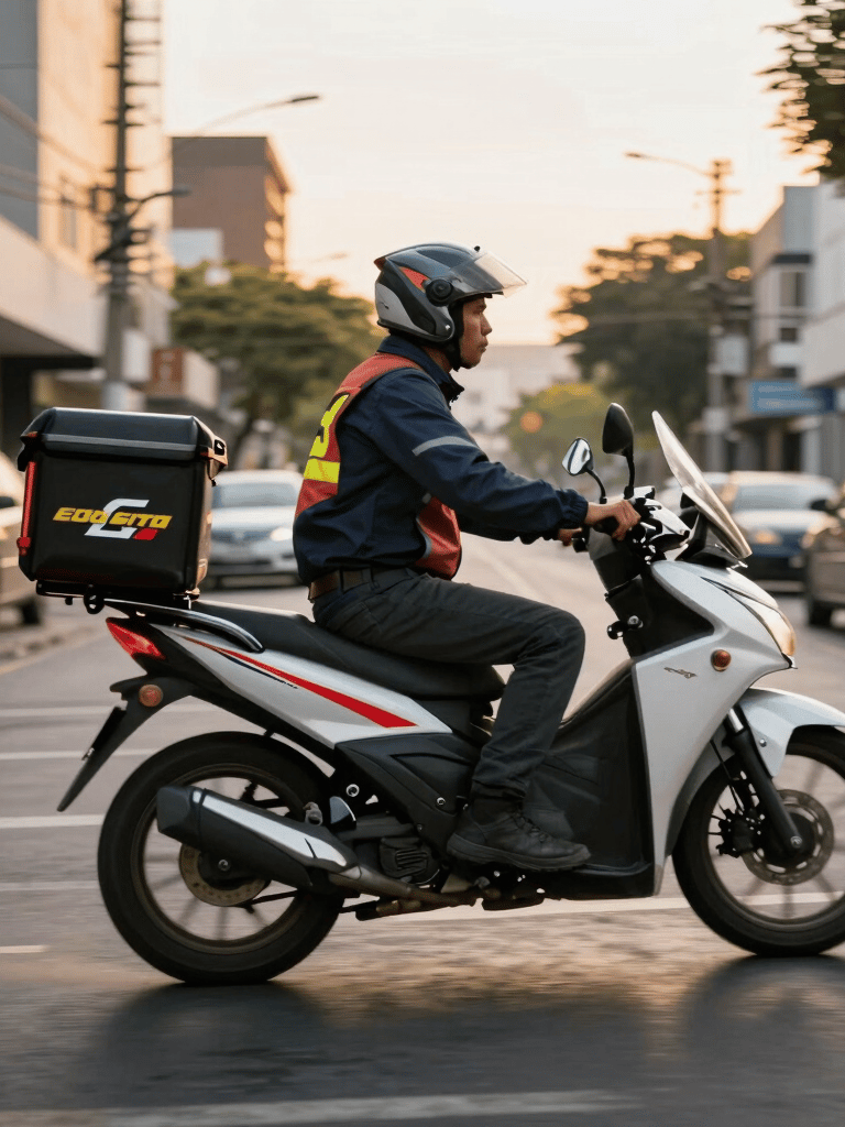 A dynamic shot of a modern delivery motorcycle with a branded storage box weaving through a busy but clean South American urban street during golden hour. Motion blur on the wheels, focused on the rider's professional attire, vibrant lighting.