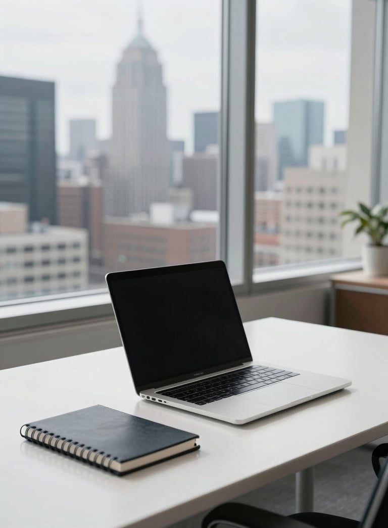 A clean, bright North American executive office with a laptop on a white desk, a professional notebook, and a view of a city skyline through the window, emphasizing corporate success.