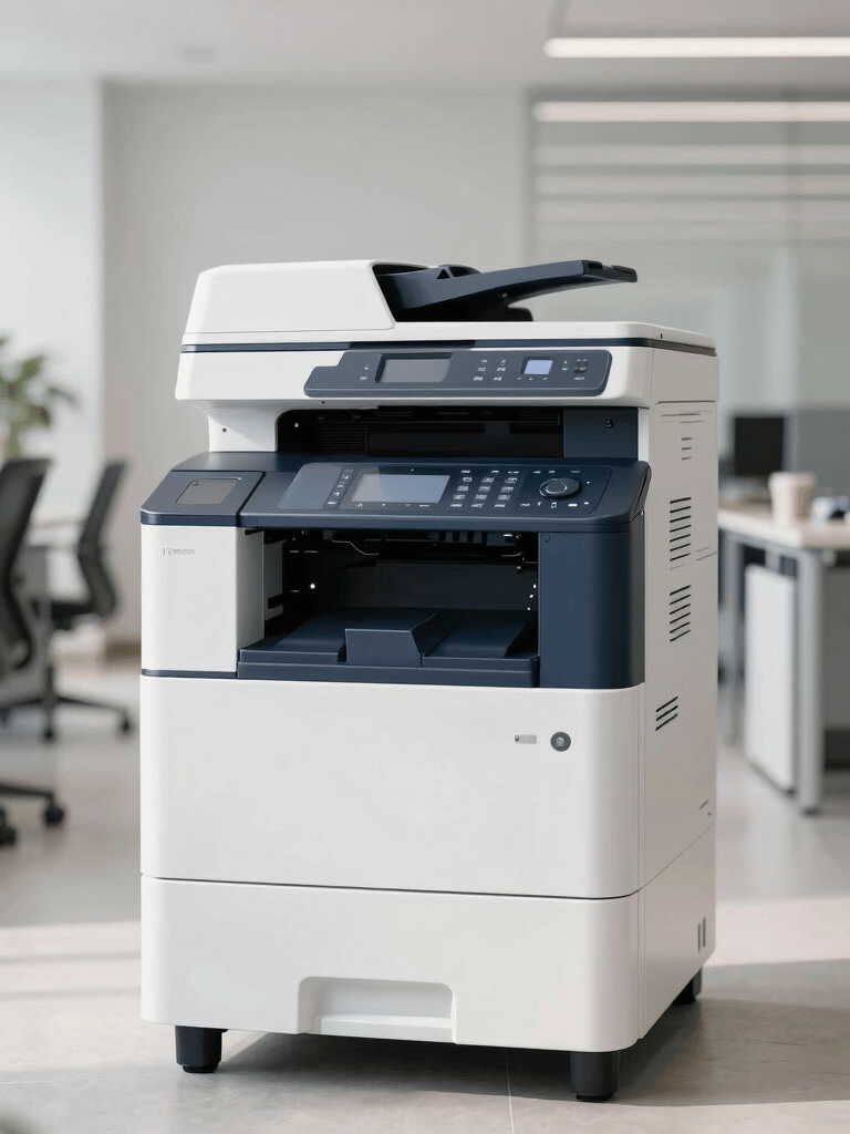 A large, high-end white and dark blue multifunctional printer standing in a bright, modern corporate office in Latin America, clean lines, professional atmosphere, natural lighting.