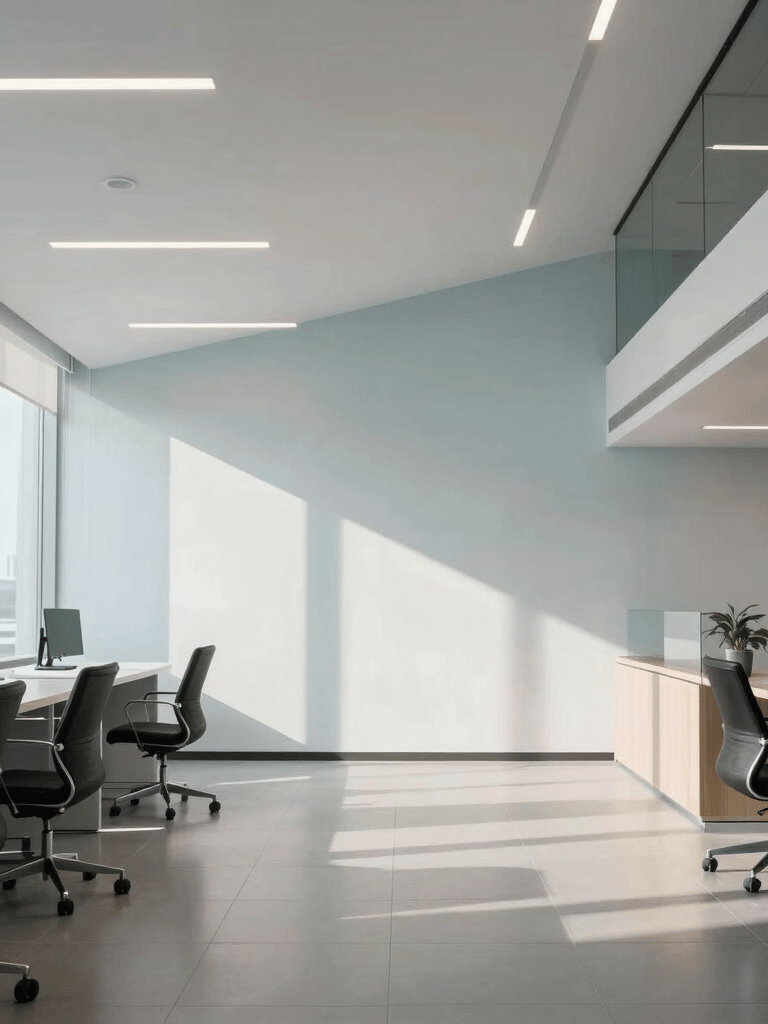 A bright, modern South American corporate office interior with clean lines, soft gray and pale blue accents, professional atmosphere, natural morning light, wide composition.