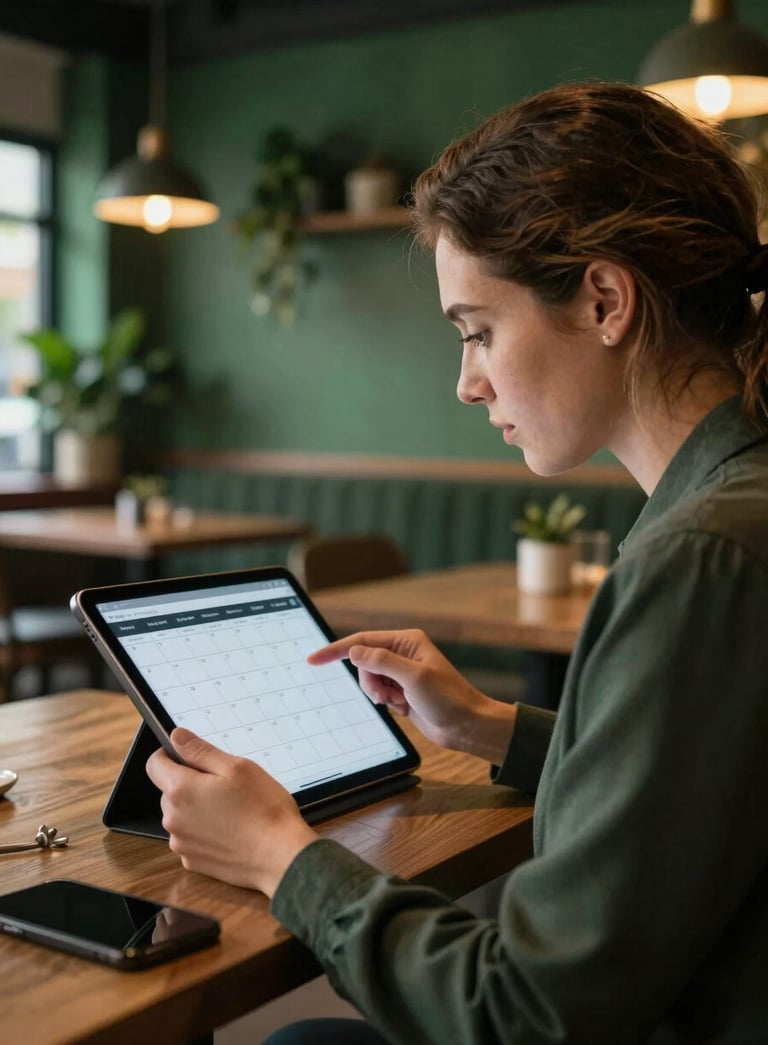 A professional social media manager in a modern North American / US restaurant setting, reviewing a content calendar on a tablet. The background features Matte Forest Green accents and warm lighting, creating a sophisticated professional atmosphere.