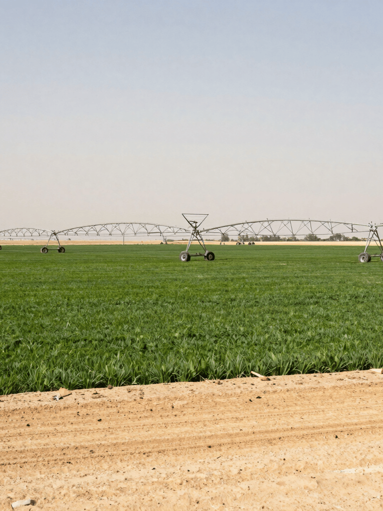 Wide shot of a modern Saudi Arabian farm using circular pivot irrigation, lush green fields contrasting with the warm tan soil, professional photography, bright daylight.