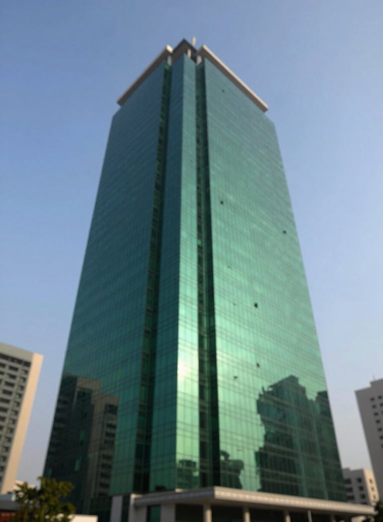 A professional low-angle shot of a modern commercial high-rise building in Karachi's financial district, reflecting a clear blue sky. The composition is sleek and modern, incorporating deep greens like #1A322C in the building's glass reflections and shadows.