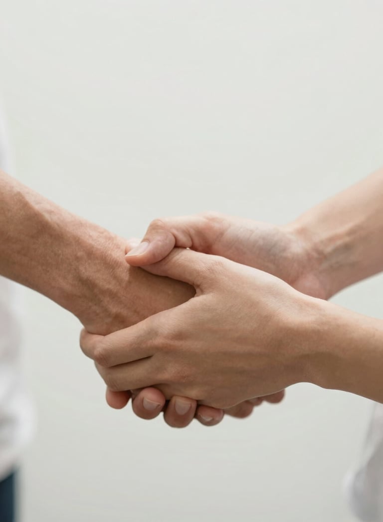 A close-up shot of hands coming together in a supportive gesture, clean modern aesthetic, soft natural lighting, emphasizing themes of compassion and trust, with a color palette reflecting #FDFBF8 and #C1B4A5.