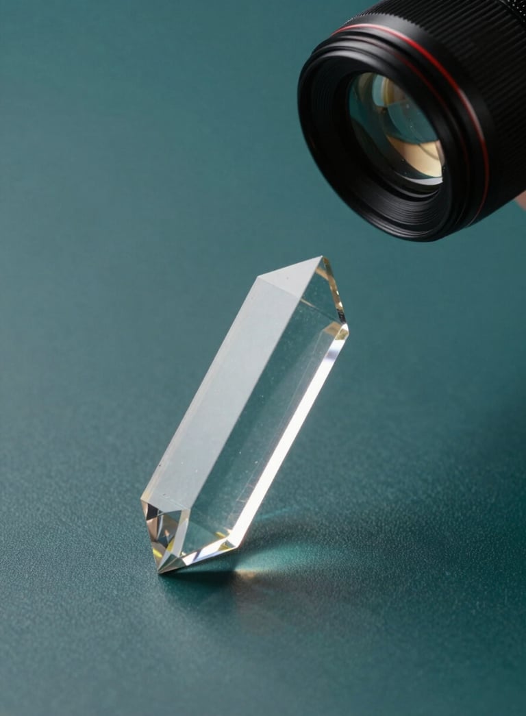 An abstract, professional composition of light refracting through a crystal prism onto a dark teal surface, representing precision and innovation in software development, South American studio lighting.