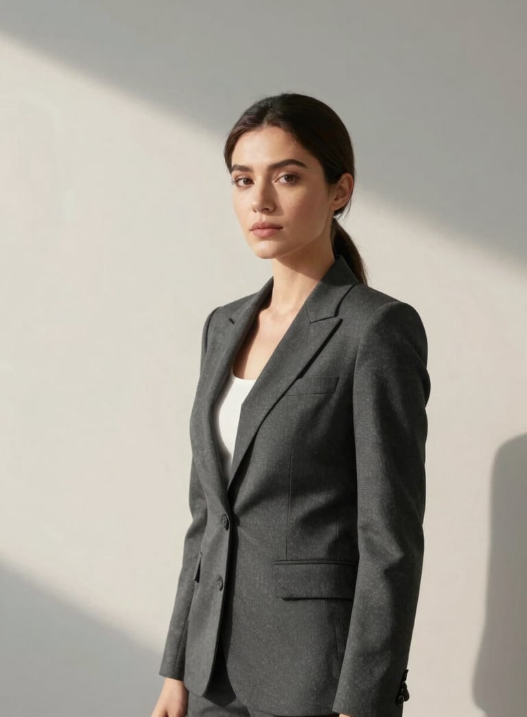 A high-end professional portrait of a woman in a North American / International executive setting. She is wearing a charcoal blazer, standing against a minimalist soft off-white background with steel blue grey shadows. The lighting is clean and soft.