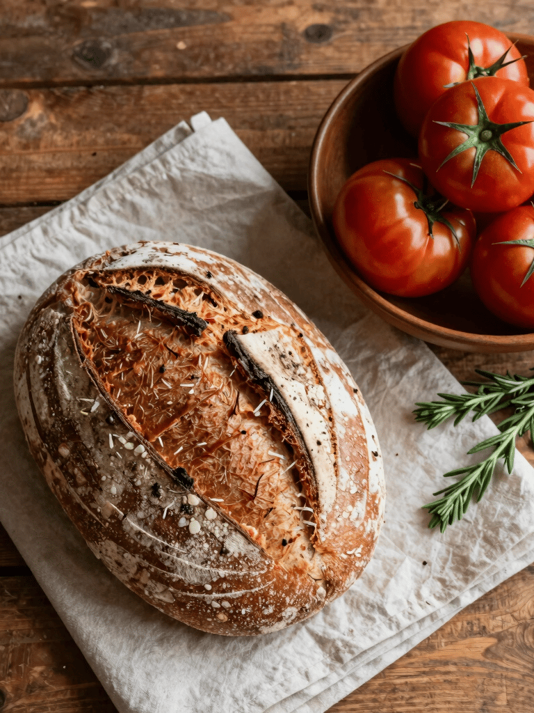 A top-down photograph of a rustic, sun-drenched wooden table in a Western setting, featuring a sliced loaf of artisanal sourdough, a bowl of deep ripe crimson tomatoes, and fresh herbs on a crisp parchment cloth.