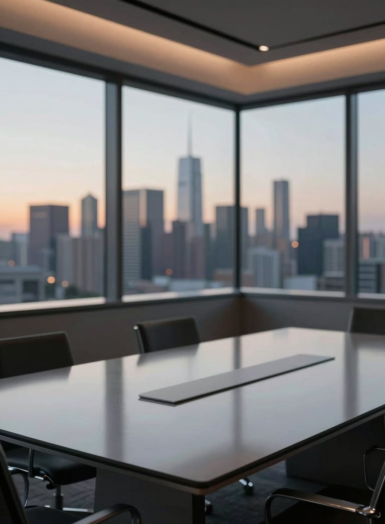 A wide shot of a modern, minimalist glass boardroom overlooking a city skyline at dusk. The interior lighting is warm, emphasizing a professional atmosphere. Subtle reflections on the table include the colors #96AAAC and #1A2F3D.