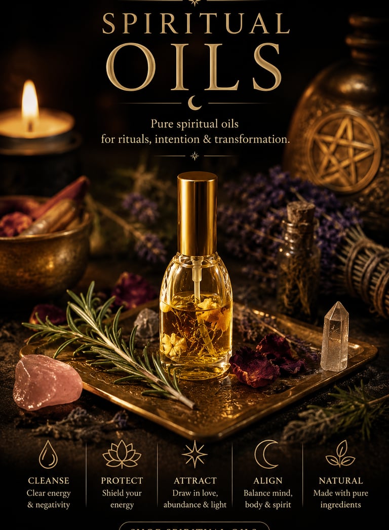 Pure spiritual oils bottle for rituals and intention surrounded by crystals, herbs, and a lit candle.