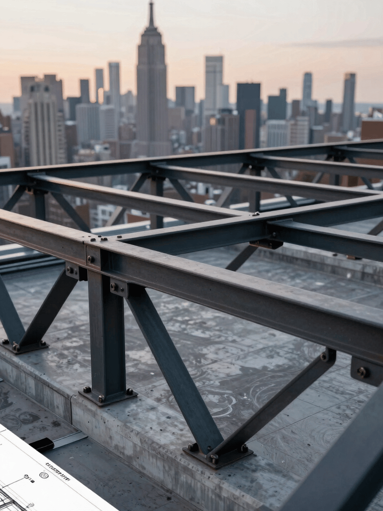 Close-up of high-tech architectural drawings for a roof truss system overlaying a blurred New York City skyline at dusk, steel black and concrete gray tones, professional photography.