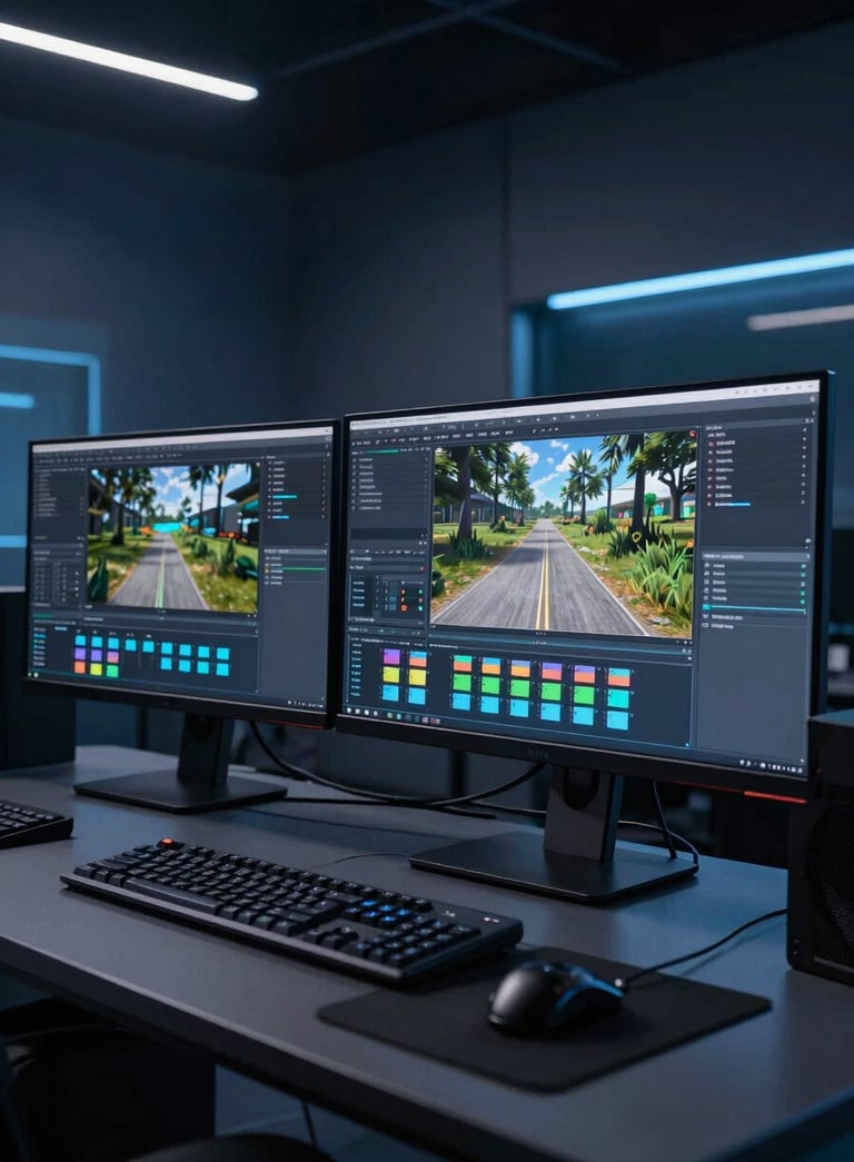 A high-end professional game development workstation in a modern North American studio, featuring multiple sleek monitors displaying complex 3D engine environments. Soft midnight blue and dark navy ambient lighting.