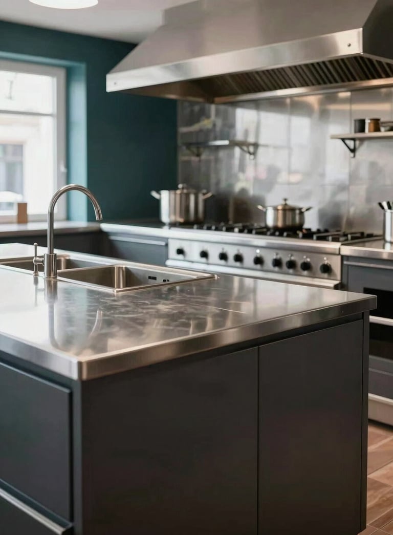Professional photography of a sleek, modern commercial kitchen island in a high-end Prague restaurant. The scene features clean stainless steel surfaces, dark charcoal cabinetry, and a glimpse of dark teal wall accents in the background. Bright, natural daylight.