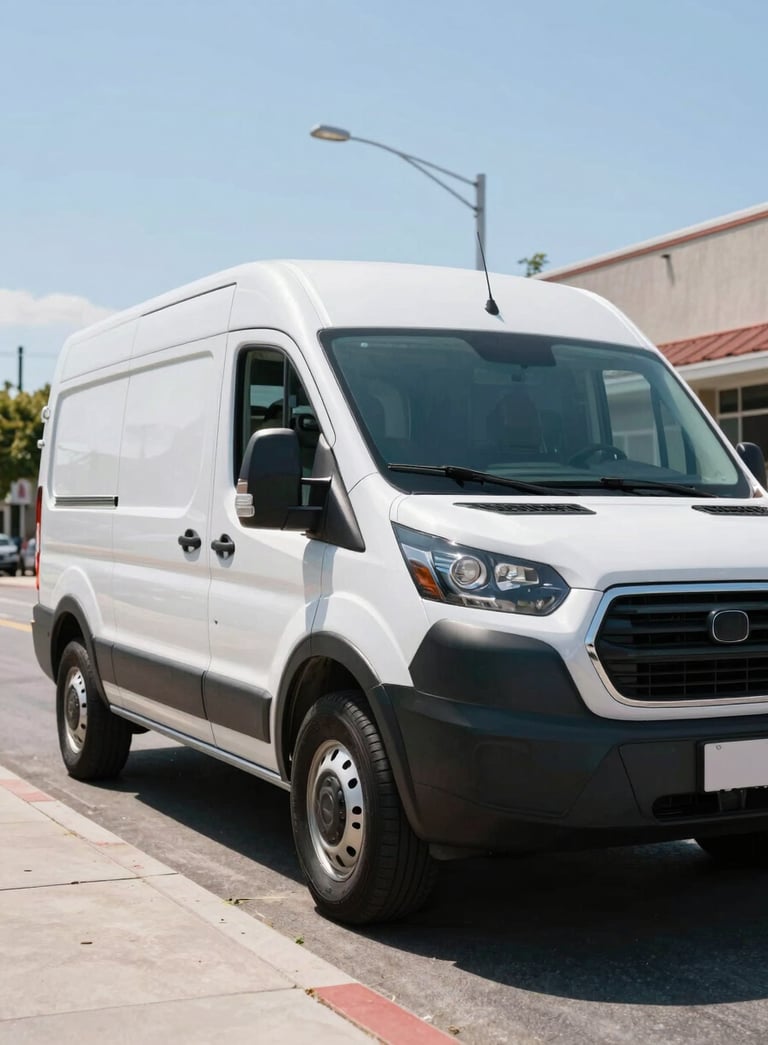 A low-angle shot of a clean, modern white service van parked on a North American street. The van has a professional appearance. Sunlight glints off the windshield, reflecting a clear blue sky. The composition is clean and trustworthy, highlighting professional service equipment.