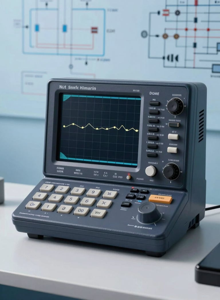 A sharp, professional photograph of a digital oscilloscope and electrical schematics on a clean desk, featuring dark navy and sky blue color palettes, conveying high-tech precision.