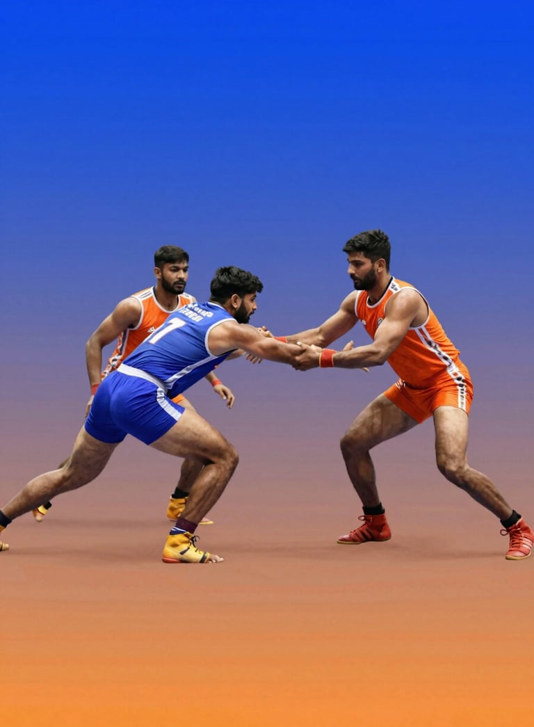 A high-intensity Kabaddi action image with a blue-to-sky gradient overlay. A raider is seen lunging toward the midline while defenders attempt a tackle. The lighting is dramatic and energetic, highlighting the athletes' physique and the #1A3C8F and #E8420A color palette.