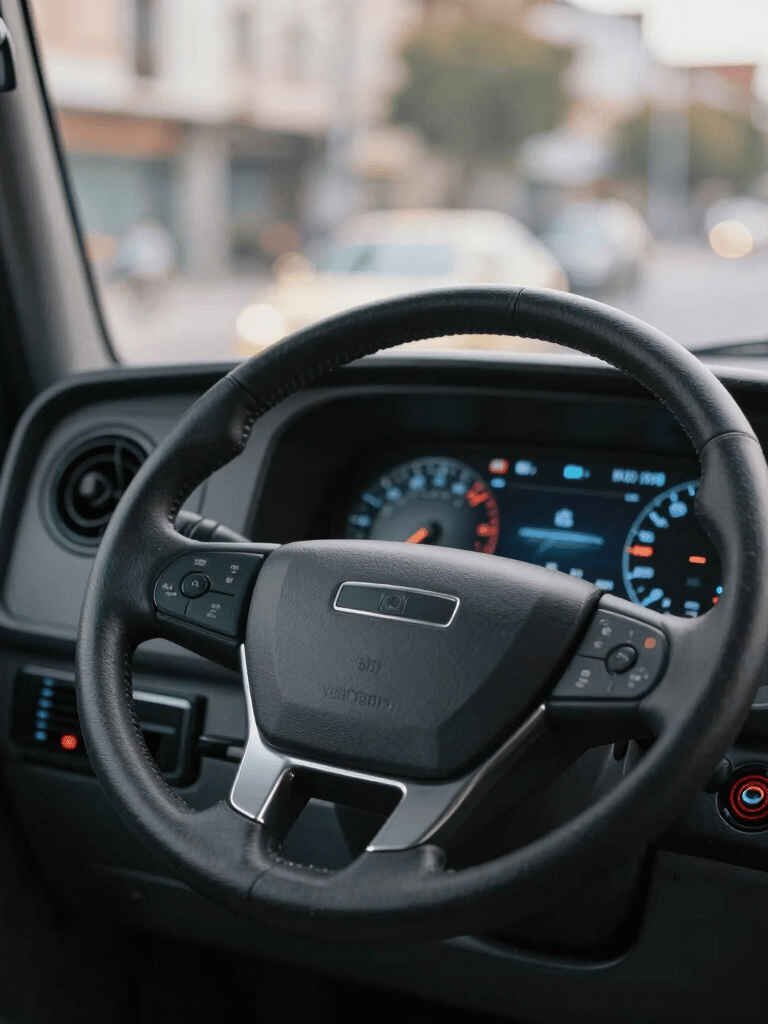 A detailed close-up of a modern bus driver's dashboard with glowing digital displays and a ergonomic steering wheel, shot in the soft morning light of a Spanish city.