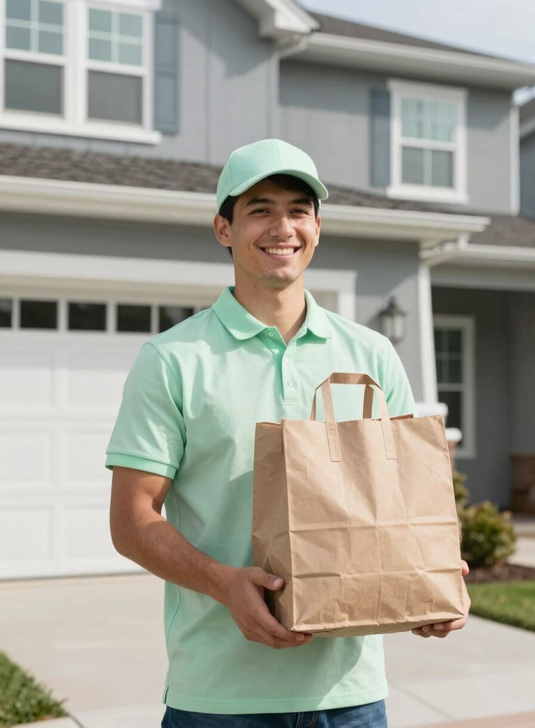 A friendly delivery professional in a Pale Mint Green shirt carrying a paper grocery bag toward a modern North American / US suburban home, clean lines, bright daylight.