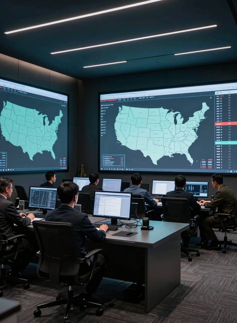 A sophisticated modern war room in North American setting with large screens displaying voter data maps, professional atmosphere, cool lighting with dark blue and teal tones.