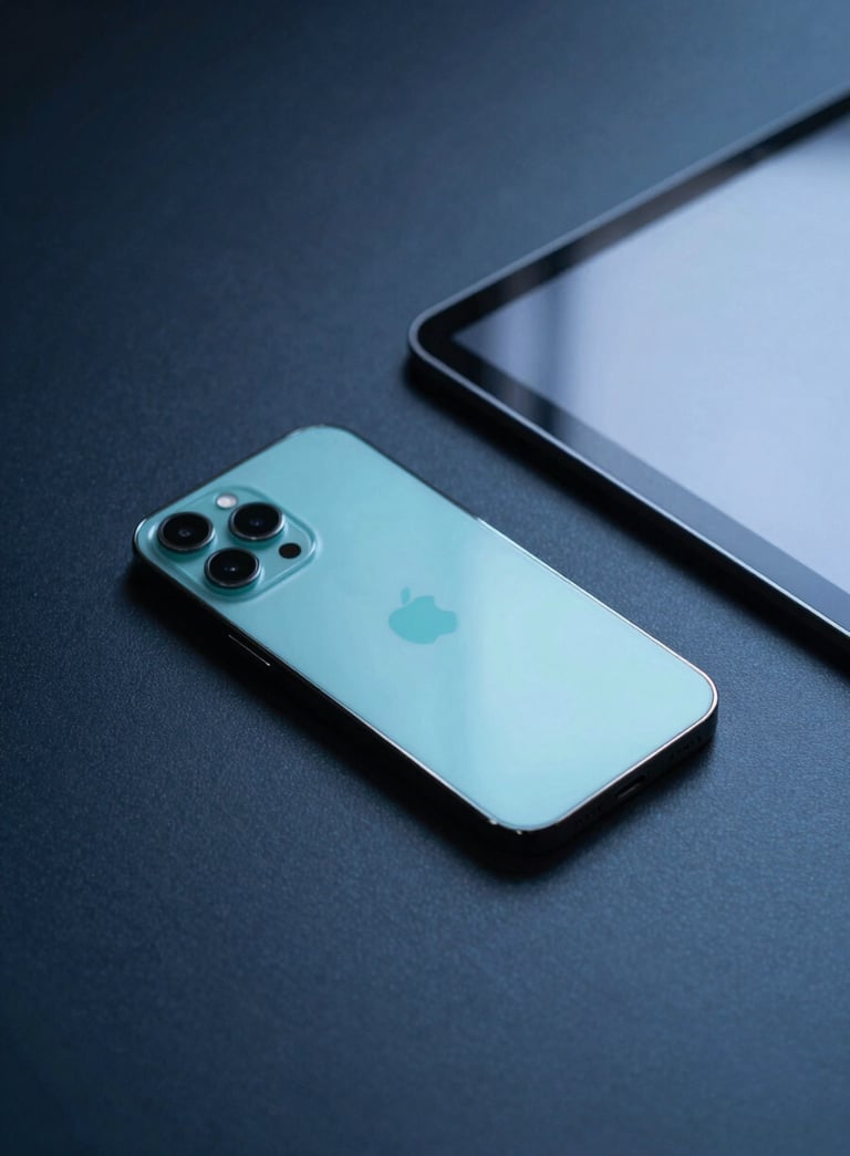 A sleek smartphone and a digital tablet resting on a dark blue designer desk. The composition is minimalist and innovative, with cool cyan light reflecting off the screen surfaces. International / Global tech style.