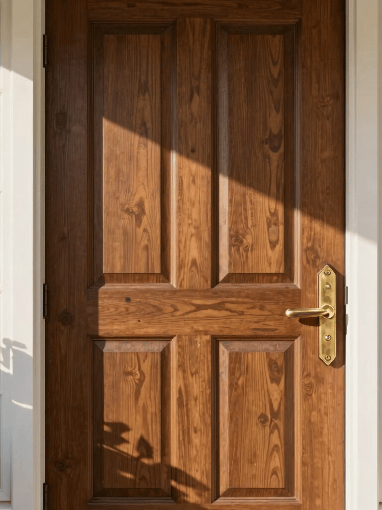 Close-up photography of a high-end solid wood residential front door with elegant brass hardware in a North American US suburban neighborhood, bright morning light.