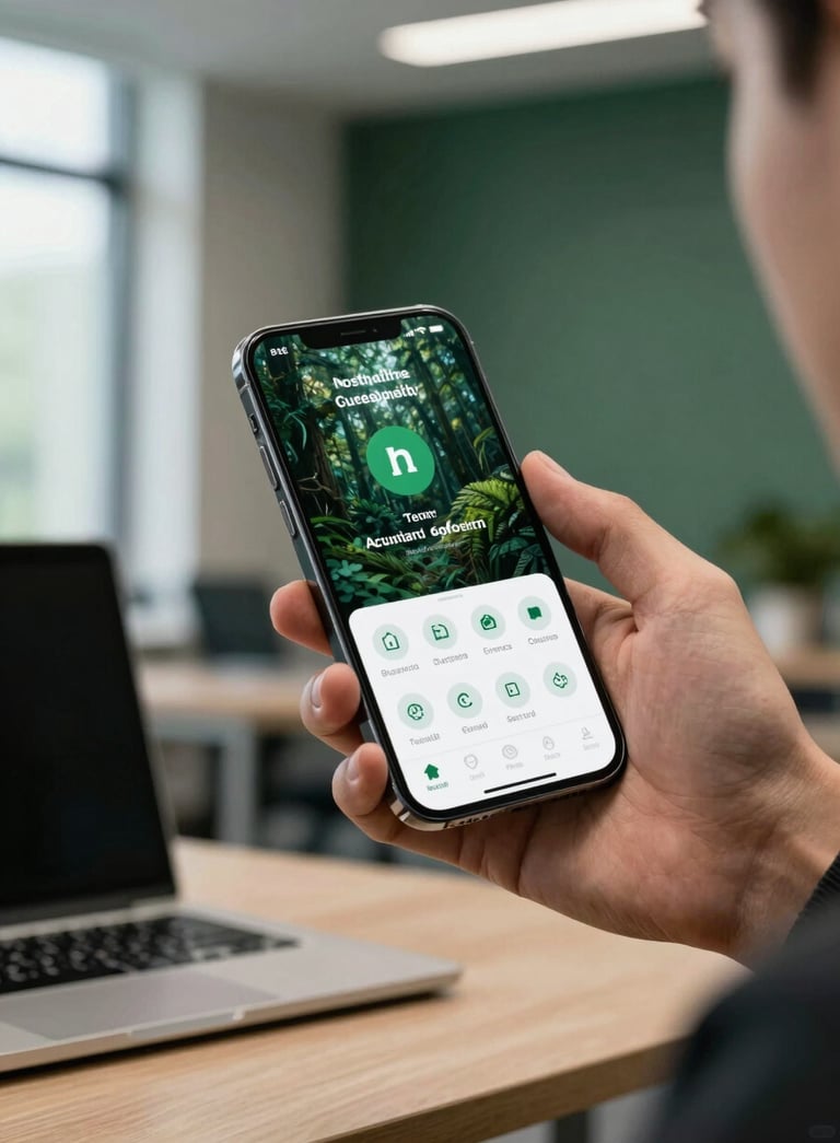 A professional in a high-tech North American office setting using a high-end smartphone with a modern, sophisticated app interface, bright natural lighting, and Dark Forest Green accents in the background.