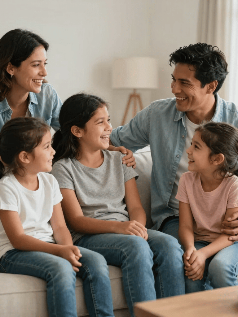 A heartwarming scene of a North American / Hispanic family laughing together in a bright, modern living room with beige and light blue accents, capturing a moment of pure emotional connection and trust.