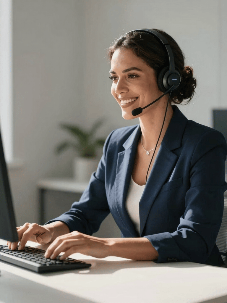 A professional South American / Brazilian woman wearing a modern headset, smiling warmly while working at a minimalist desk in a bright office. The scene features a clean aesthetic with dark blue and light grey accents and natural sunlight.