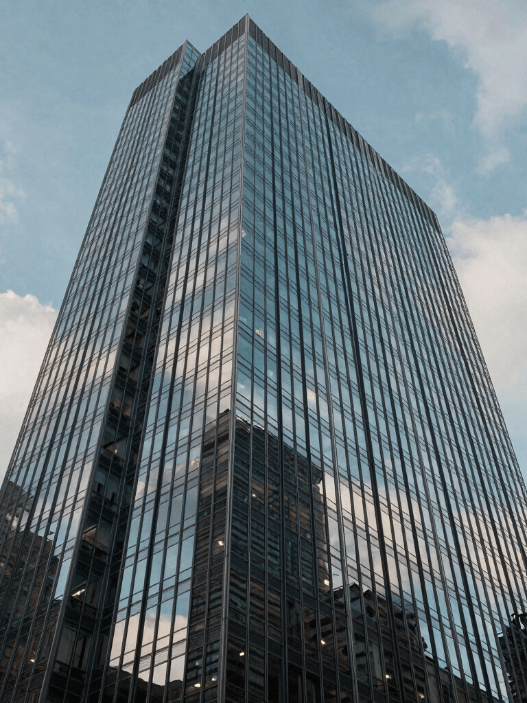 An architectural low-angle shot of a glass-and-steel skyscraper in a North American / US financial district, reflecting a soft blue sky and light gray clouds, conveying stability and professionalism.