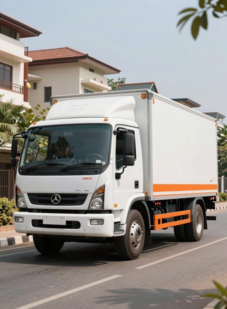 A high-end, clean white and orange logistics truck parked on a wide street in a modern South Asian / Indian residential area during bright daylight. The vehicle looks well-maintained and professional.