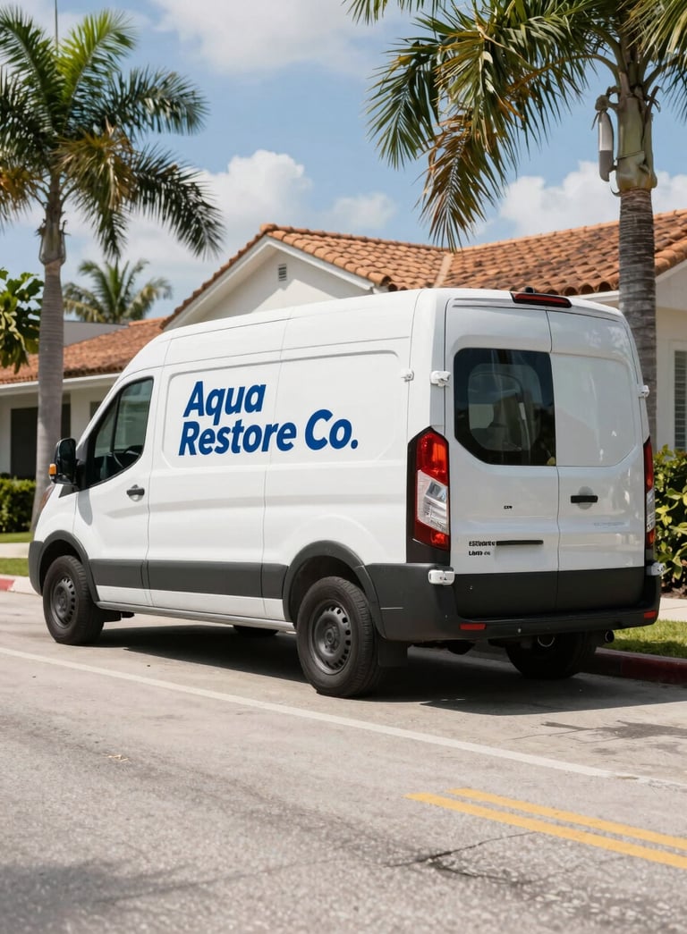 A professional Aqua Restore Co. service van parked in a bright, sun-drenched Miami residential street with palm trees, representing reliability and rapid response.