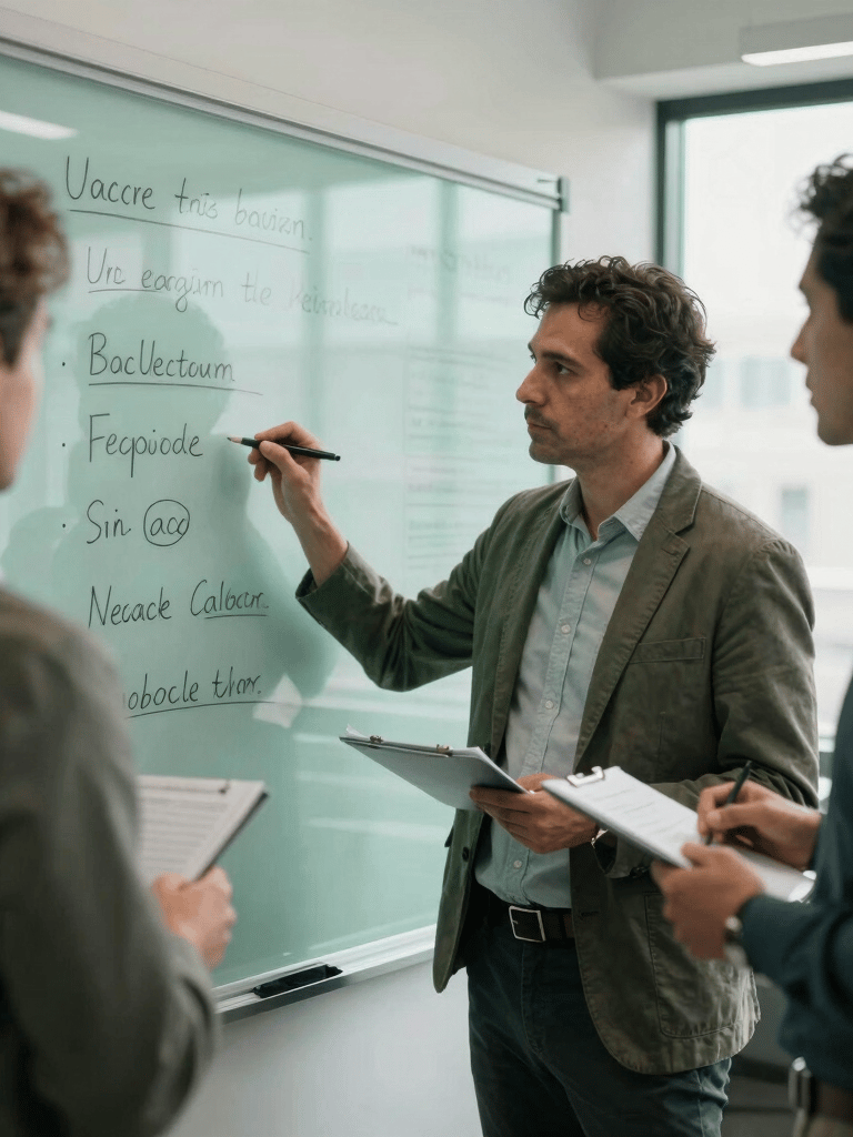Un equipo de profesionales en una oficina luminosa con detalles en verde menta, planificando una estrategia en un pizarrón de cristal, ambiente profesional y cercano, contexto hispano.