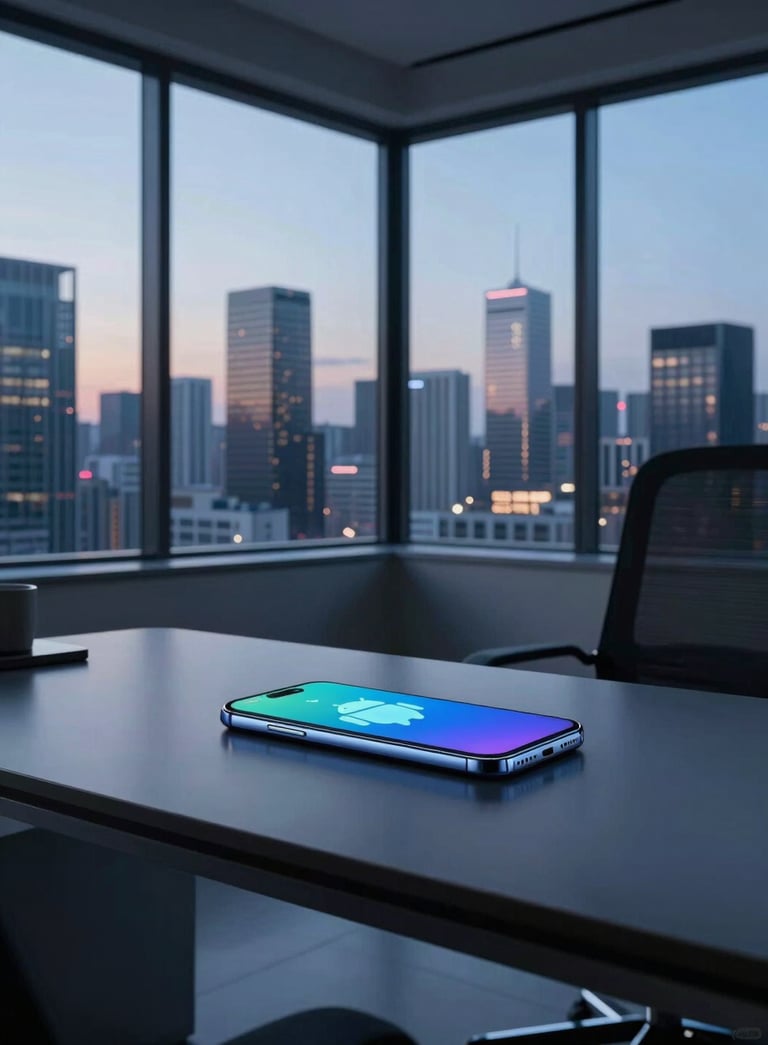 A sleek, minimalist home office in a high-tech city. Large windows show a modern skyline at dusk. On a clean dark gray desk sits a glowing Android smartphone. Lighting is cool light blue and deep navy. Global / Tech-focused.