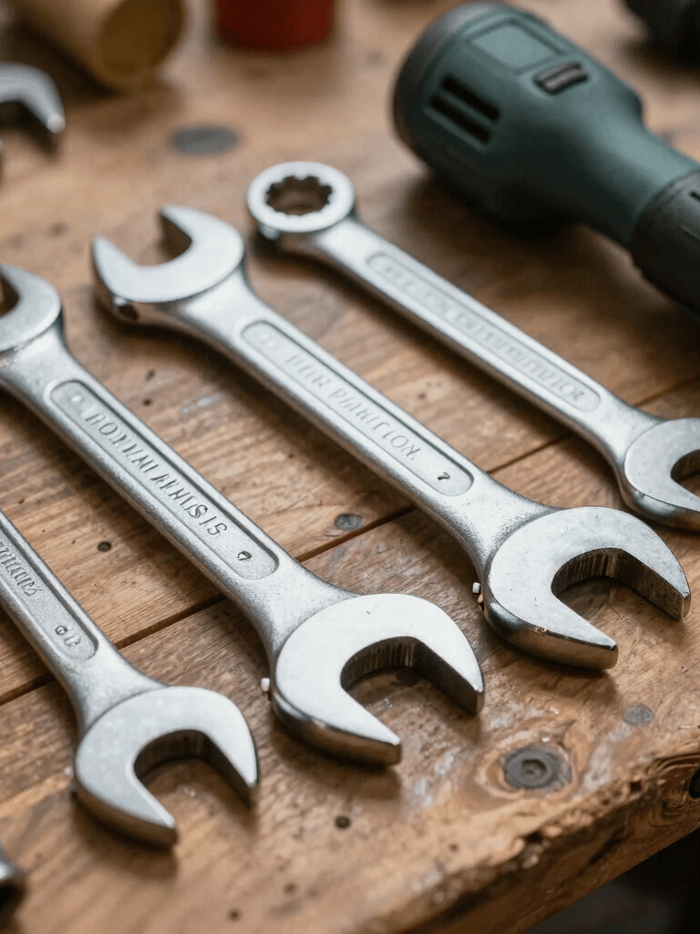 Close-up photography of a set of premium steel wrenches and professional power tools resting on a rustic wooden workbench, sharp focus on metallic textures, soft side lighting, South American / Brazilian workshop setting.